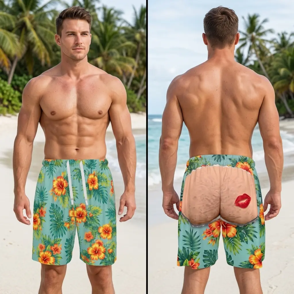 Mint Green Tropical Hibiscus Leaf Funny Butt Lip Print Men Swim Trunks, All Over Print Hawaiian Beach Shorts With Side Pockets, Drawstring Elastic Board Shorts, Novelty Summer Gift Sizes 2XS-6XL