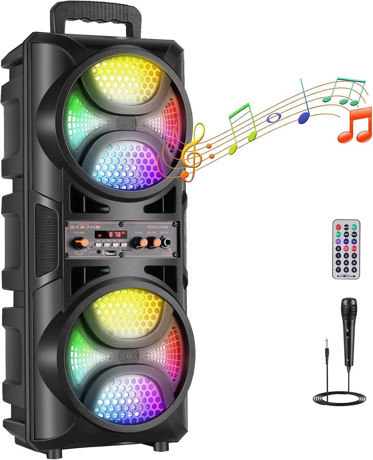 Bluetooth Speaker with Colorful Lights, Dual 6.5in Subwoofers for Heavy Bass Loud Stereo Audio, Remote & Mic, Karaoke Support, Compatible with Smartphone/Tablet, Card Playback for Home Outdoor Use, Rechargeable