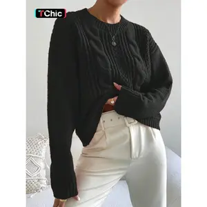 Women's Plain Cable Knit Crew Neck Sweater, Casual Drop Shoulder Long Sleeve Jumper for Fall & Winter, Fashion Ladies' Knitwear for Daily Wear