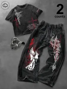 Unisex set, dark gothic style. Gothic patterns and cross-stitch prints. Summer American retro-style patchwork T-shirt and sporty long pants set. Y2K style. Perfect for streetwear, casual wear, men’s gifts, trendy outfits, outdoor activities, etc.