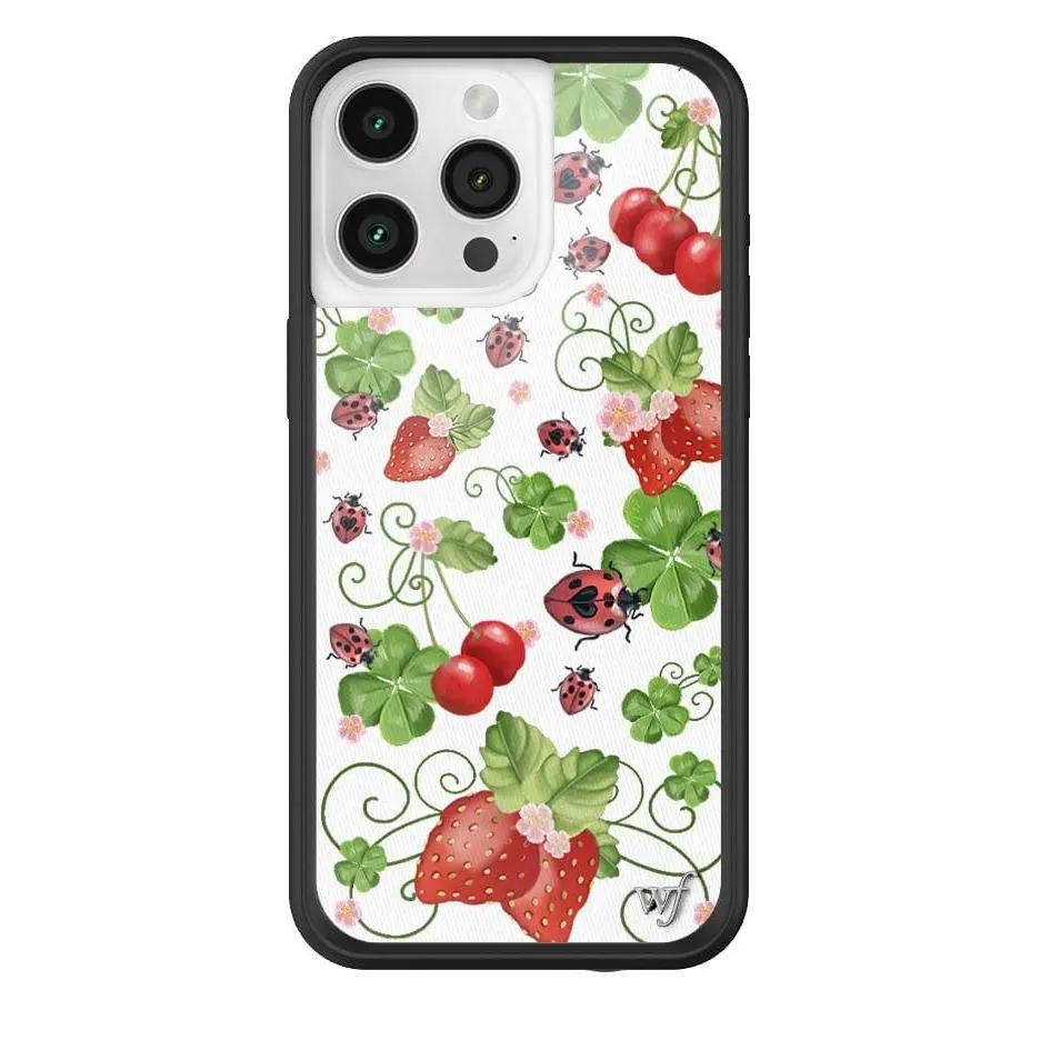 Bugs n Berries | Limited Edition Trendy iPhone Case | Raised Protective Black Bumper | Women Owned Small Business | White Background Vibrant Pink Flowers Ladybugs Red Strawberries and Cherries | Safety Casing Protective | Gift for Her