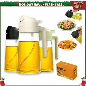 3Pack 470ml Glass Oil Sprayer 2-in-1 Dispenser | Black/Green/White | Portion Control Kitchen Gadget for Air Fryer, Salad, BBQ & Frying