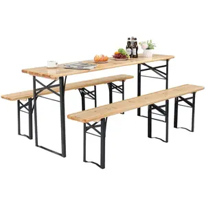 VINGLI 70 Inch Folding Picnic Tables with Benches Set, Weather-Resistant Wooden Beer Garden Table Bench, 3-Piece Portable Fold Up Camping BBQ Table w/Carrying Handles