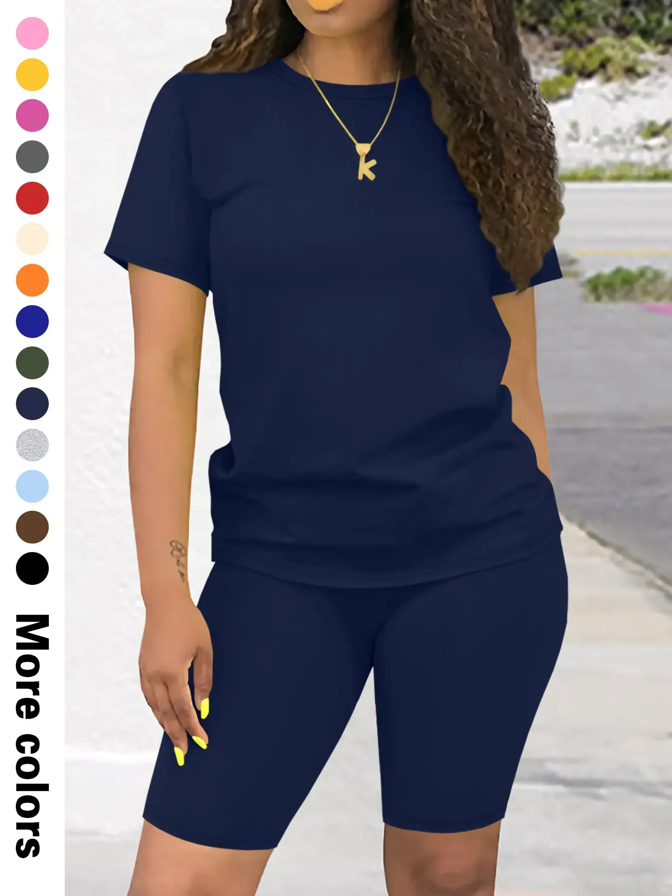 Women's 2-Piece Set, Fashion Casual Plain Short-Sleeve Top + Tight Shorts, Fitted Short Pants Outfit for Spring, Summer & Fall
