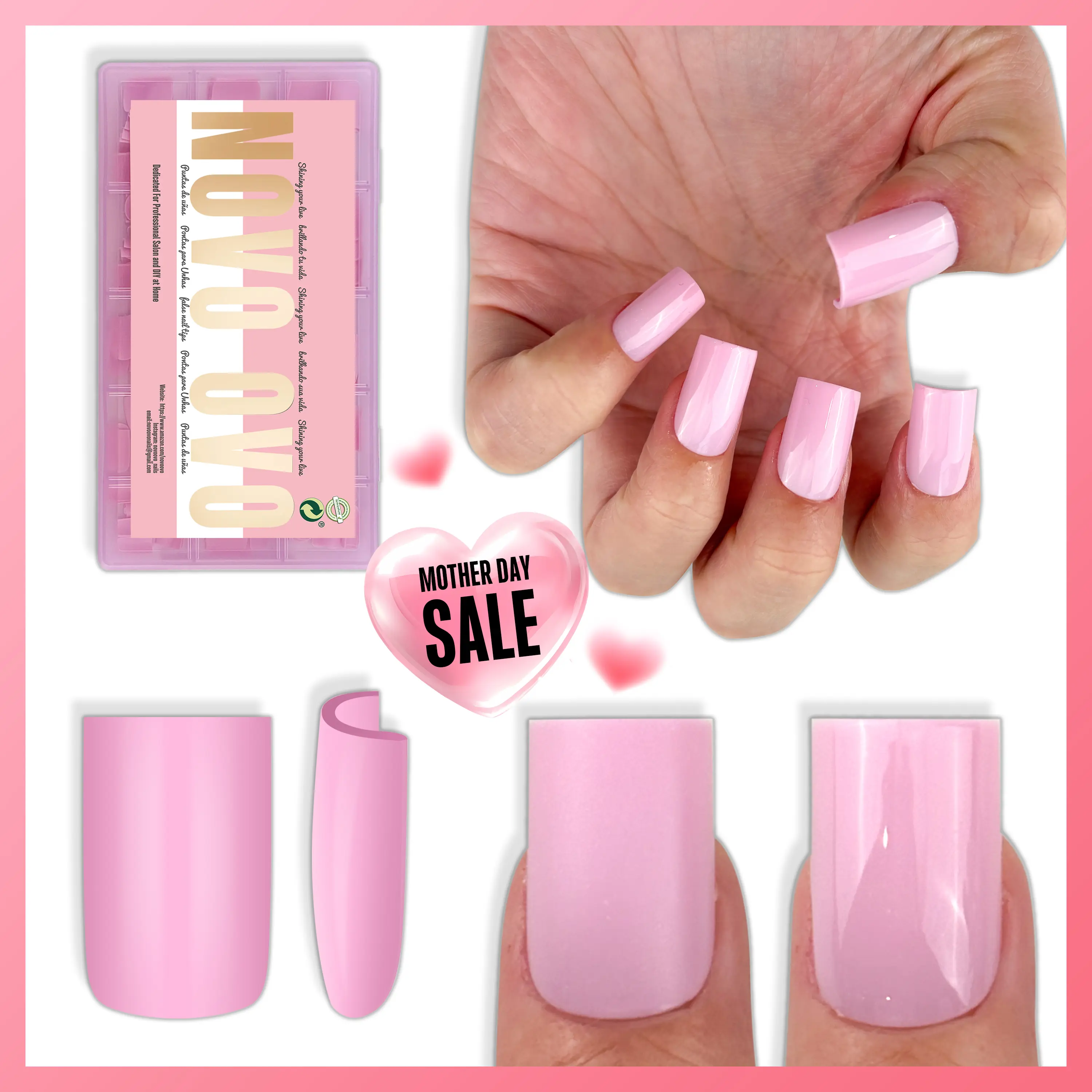 NOVO OVO Short/Medium/Long  Nail Tips Press on Pure Color, Need Builder Gel Top Coat Nail Glue, Soft Gel Matte Fake Nail Extension, Full Cover False Nails for Salon DIY 【DOES NOT INCLUDE: LIGHT, GLUE, BUILDER GEL】