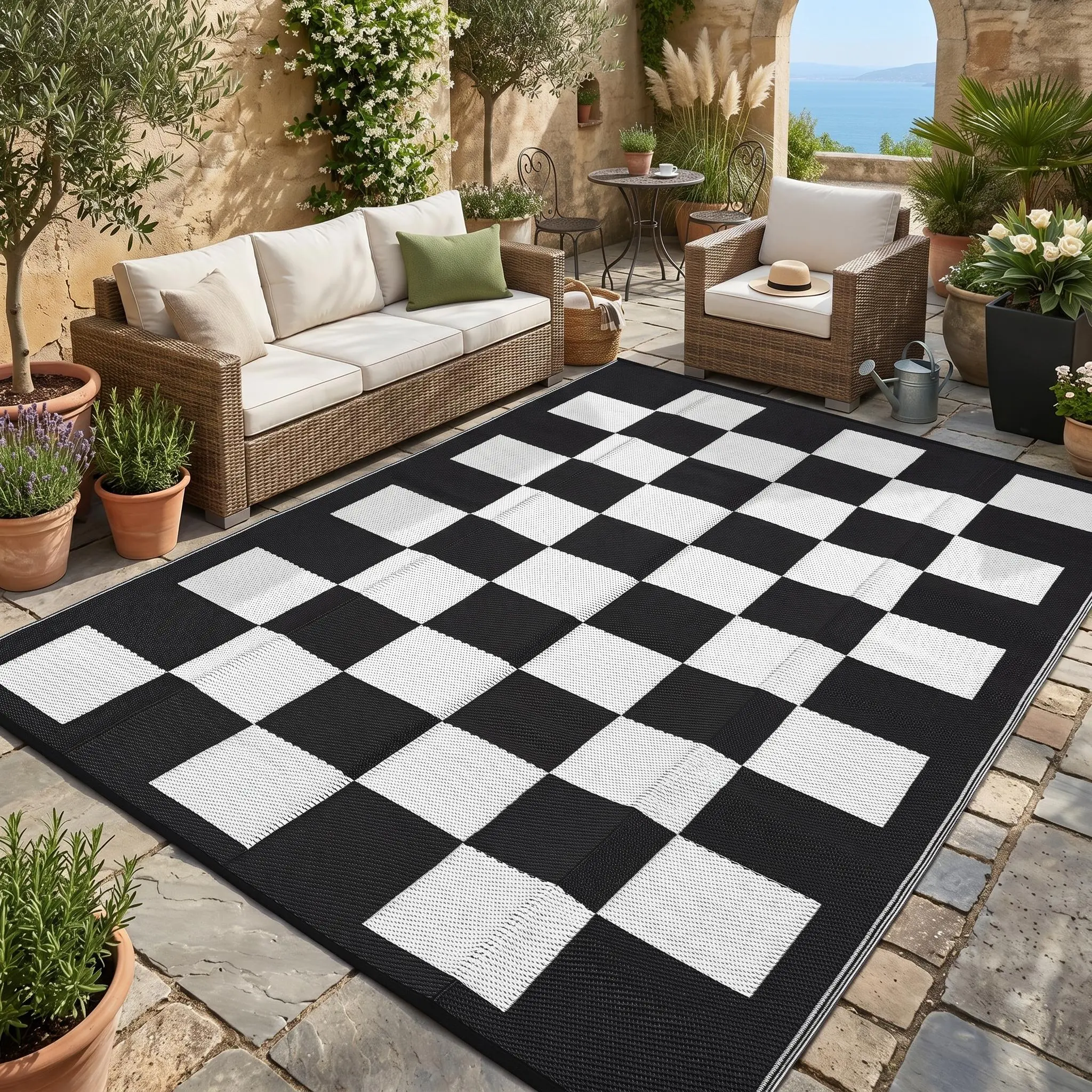 Garvee Outdoor Carpet Modern Check Pattern Rug Waterproof Plastic Straw Mat UV Resistant Foldable and Portable for Patios Terraces Beaches Pools and RVs washable area rug