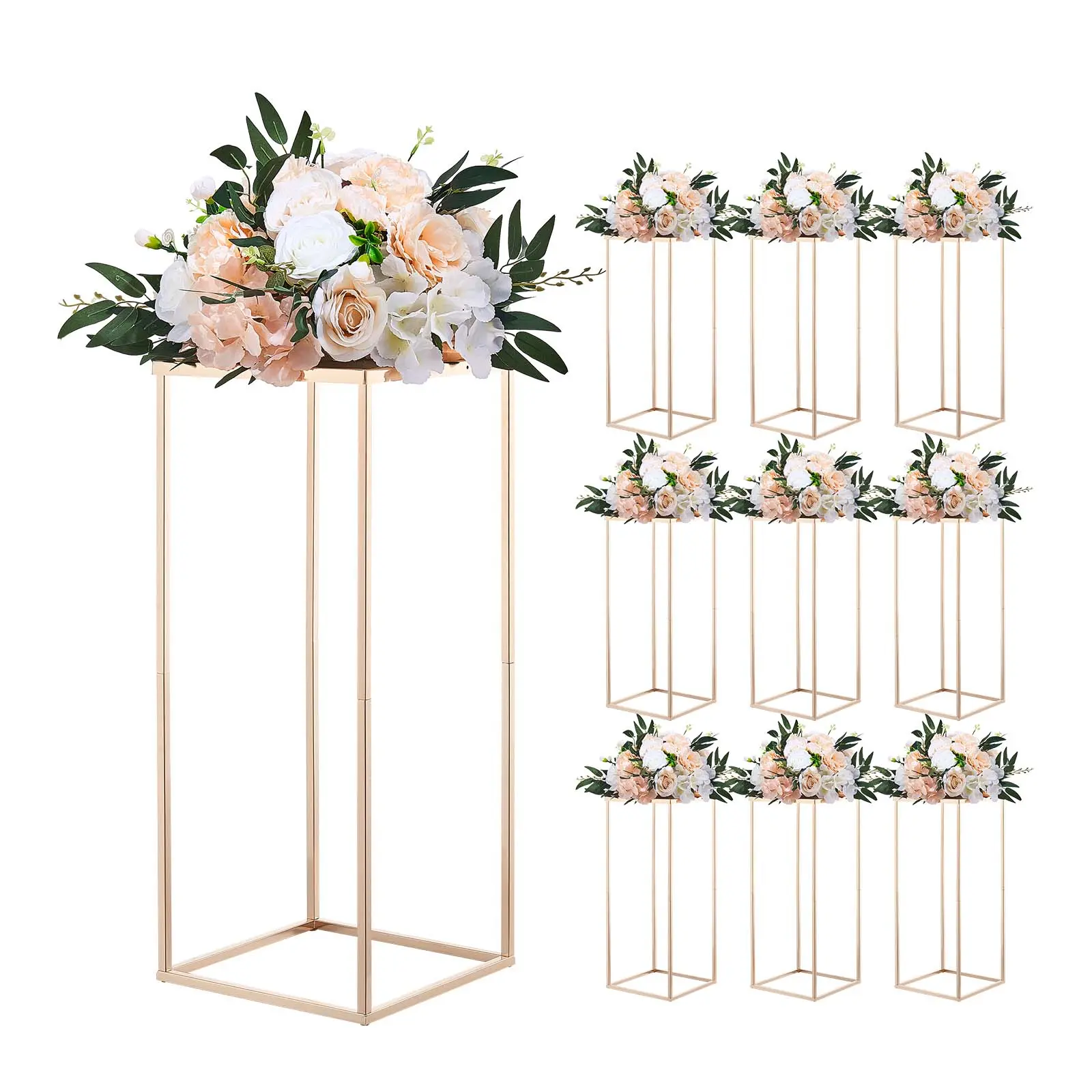 VEVOR Wedding Flower Stand, 10PCS 23.62-inch Column Flower Stand, Floral Stands with Metal Laminate, Gold Rectangular Floral Display Rack for Wedding, Party, Birthday, Home,  Gold Centerpiece Stands