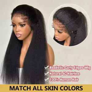 Yaki Kinky Straight Wig With 4C Edges Lace Front Human Hair Wig Brazilian Kinky Curly 13x6 HD Lace Frontal Wigs For Women Baby Hair Pre Plucked 180%