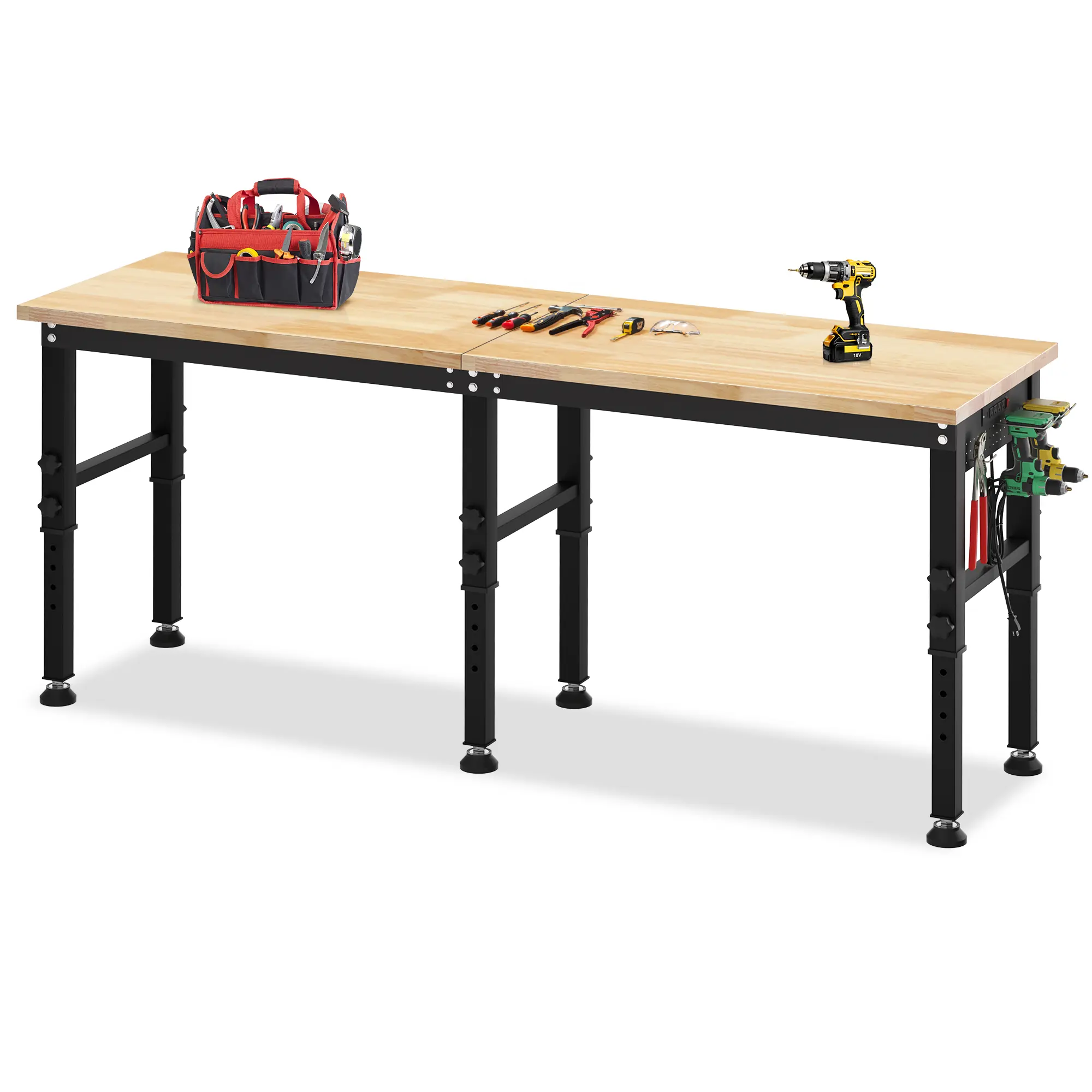 96-in Heavy-Duty Adjustable Workbench (Heavy-Duty, Large, Pre-Built, Reinforced, Stationary Utility Tables) – 2500 LBS Load Capacity, Power Outlets, Solid Rubber Wood Top, Adjustable Height Desk for Garage, Workshop, Heavy-Duty Utility Tables homeessentia