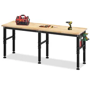 96'' Adjustable Workbench, 2500 LBS Load Capacity Heavy Duty Workstation with Power Outlets, Rubber Wood Top Worktable for Garage, Office,Workshop, Commercial