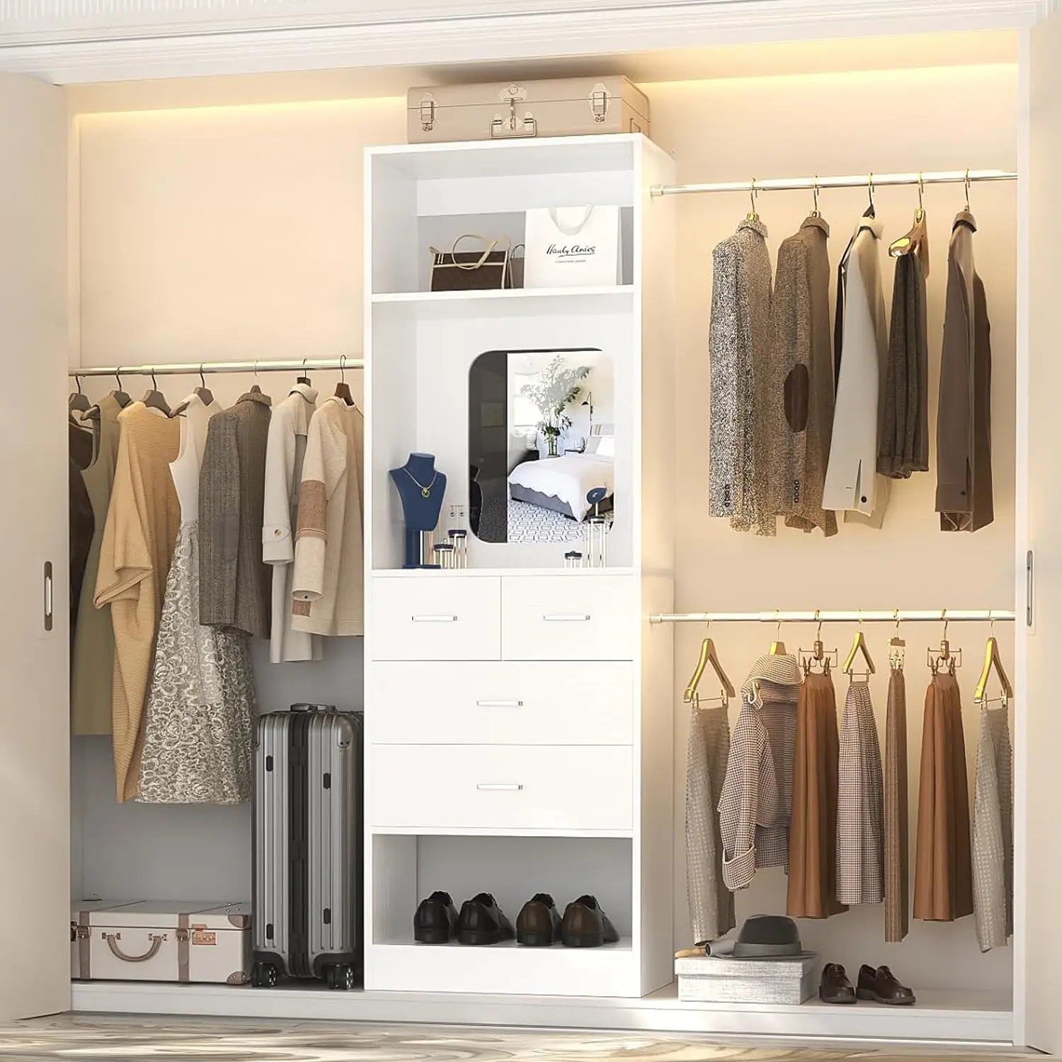 Cyclysio Customizable 8FT Heavy Duty Full Height Freestanding Custom Built Closet System - 48"-96" Cuttable Walk-In Closet Organizer with 3 Hanging Rods, Shelves, 4 Drawers & Mirror, Closet Organization, Custom Built Wardrobes