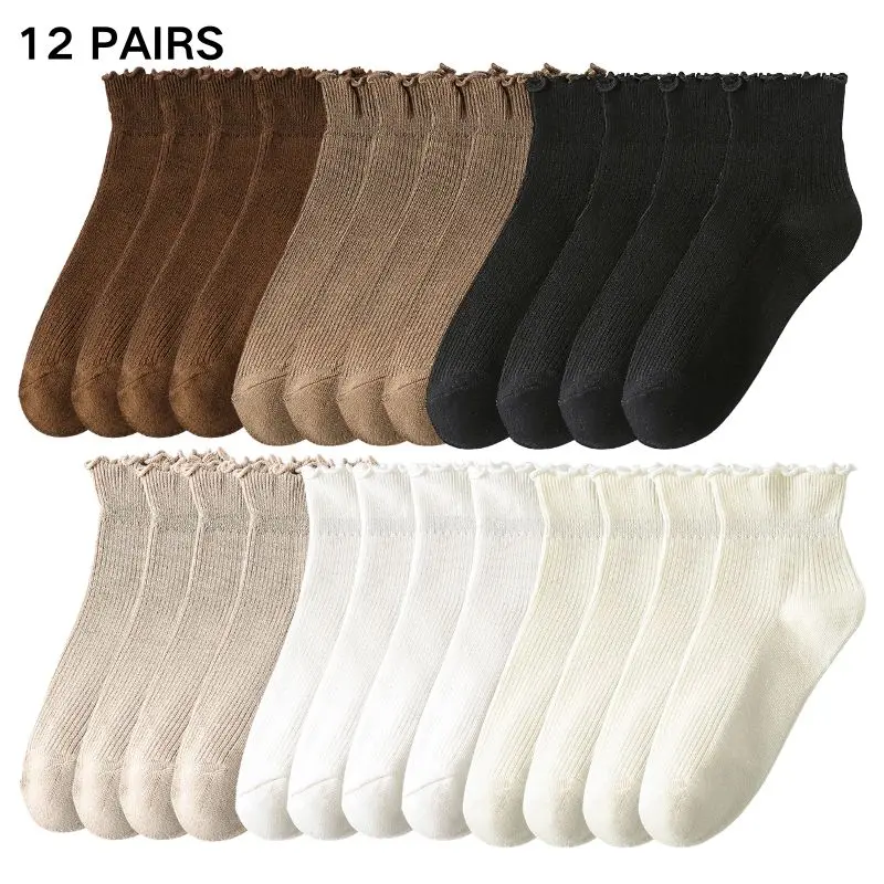 Women’s Cotton-Spandex Ankle Sports Socks - Ruffle Ribbed, Frilly Lettuce Trim, Breathable, Comfy, Solid Color Style, Seamless Toe, 5-9 Size, 6/12/24 Pairs, Non-Tight Fit, Formal Daily/Fall Wear, Soft Stretch Fabric
