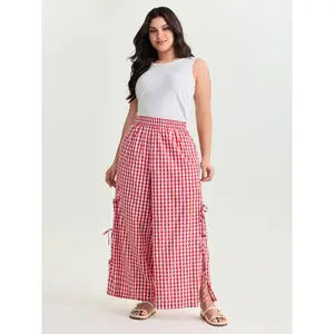 BloomChic Women's Plus Size Cotton-Polyester Gingham Print Lady's Side-Tie Bottom Pants - Flattering Fit, Fabric Slit Detail, Smooth Leg Design, 2026 Summer Pick for Mothers,summervibes