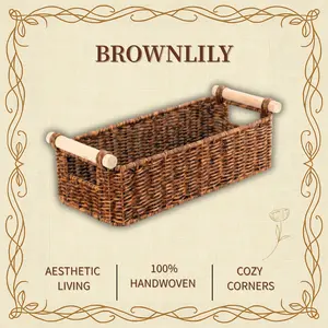 BROWNLILY Rattan toilet tank basket with wooden handles, rectangular wicker bathroom organizer tray for toilet paper, tissues, wipes and essentials, farmhouse toilet tank top storage caddy for small bathroom decor