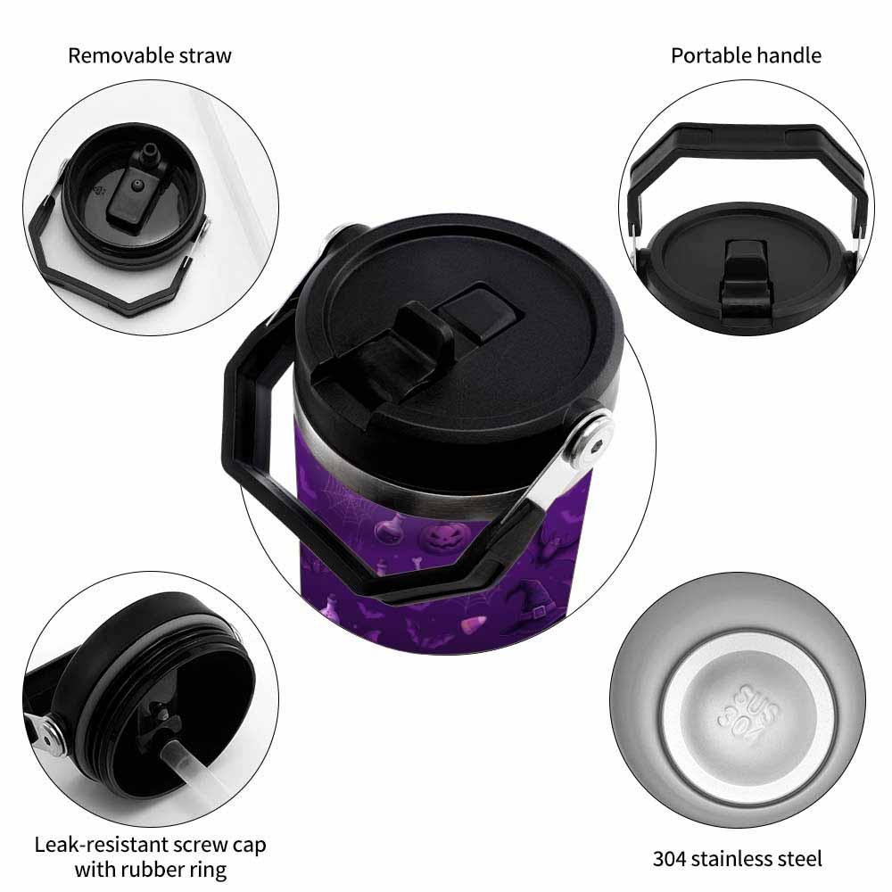 Purple Halloween Double-Wall Insulated Stainless Steel Tumbler (30oz-40oz) with Bat, Pumpkin, Spider Web, Witch Hat Gothic Print, Leakproof Lid, Straw, Portable Vacuum Flask for Travel, Autumn Gift