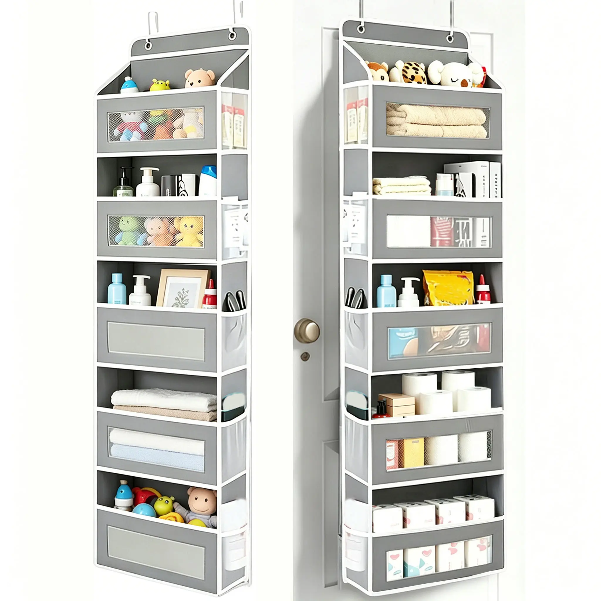 Over-the-door storage cabinet — five-tier rack with five large-capacity nonwoven fabric pockets, adjustable anti-fall hooks, eco-friendly organization and storage supplies, suitable for bedrooms and bathrooms.