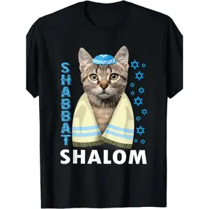 Unisex Shabbat Shalom Cat Kippah Funny Graphic Tee Black Jewish Sabbath Star David Torah Israel Religion Faith Yarmulke Prayer Tallit Gift T-Shirt up to 3XL