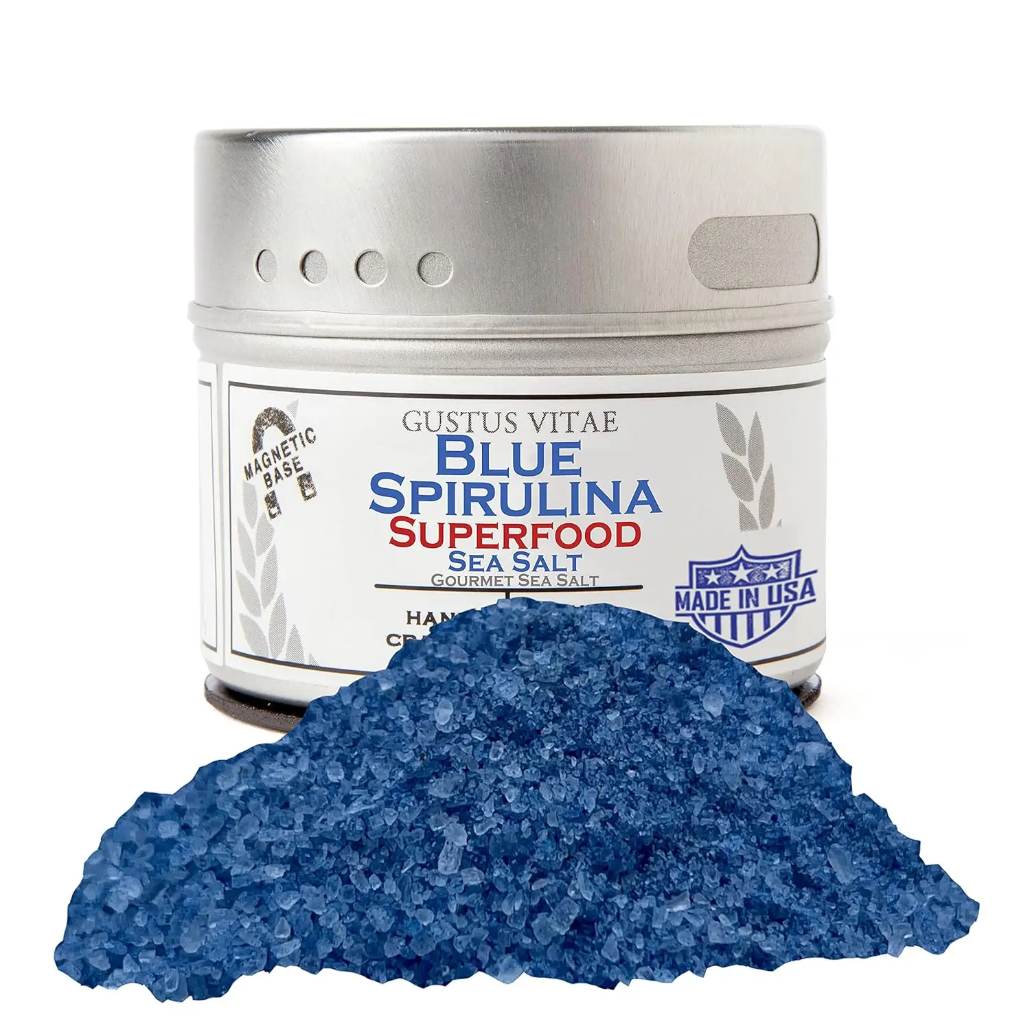 Gustus Vitae | Blue Spirulina Superfood Sea Salt | All Natural Small Batch | Gourmet Sea Salt | Gift Set | Non GMO | No MSG | No Fillers | Handmade in USA | Magnetic Tin | Small Batch | All Natural