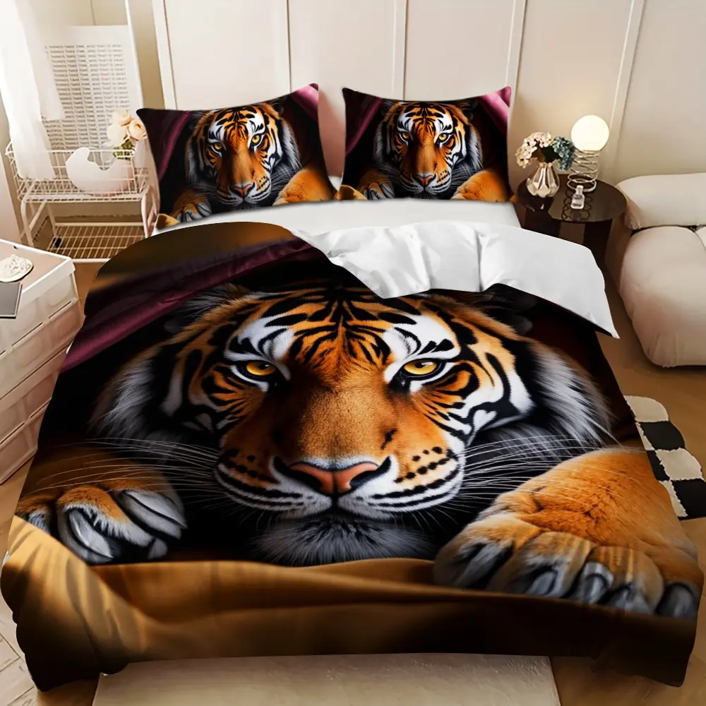Bedding 3-piece set - 3PCS,orange and purple patterned tiger lying down comforter set (1 comforter cover + 2 pillowcases, filling not included). soft and comfortable, suitable for family bedrooms. Printed Bedding Set