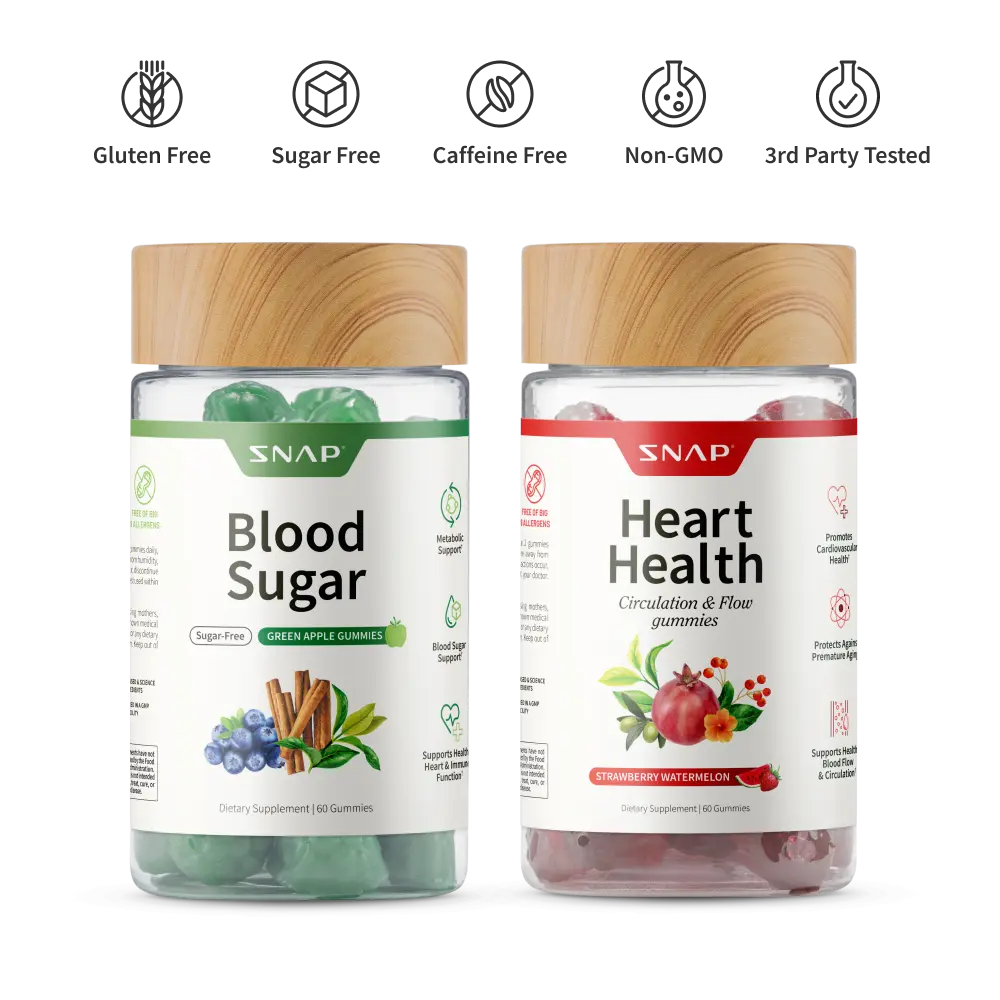 Blood Sugar + Heart Health Gummies - Natural Supplement for Healthy Blood Sugar & Heart Health - Green Apple Flavor - Gluten Free, Sugar Free, Vegan Friendly - 60 Gummies - Snap Supplements