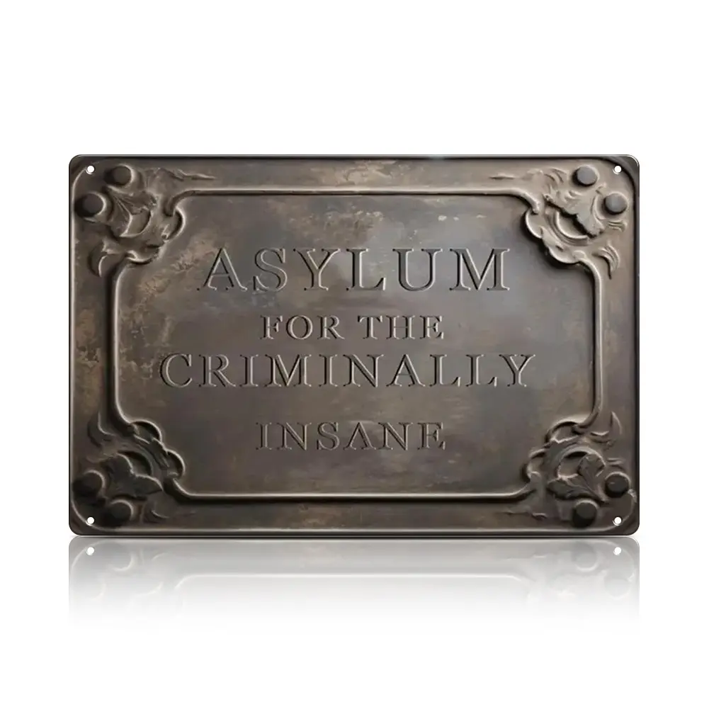 Vintage 'Asylum for The Criminally Insane' 12x8in Durable Rectangular Eco-Friendly Metal Tin Sign - Gothic Rustic Horror Wall Plaque, Waterproof Print, Funky Unique Home Decor for Adult Spaces, Home Supplies Collectibles for Outdoors, Vintage Home Decor
