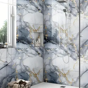 42pcs Bohemian Marble Wall Stickers - Self-Adhesive Waterproof PVC Decals for Kitchen & Bathroom, Oil Stain Resistant, Removable Easy-Clean Tile Decor with Teal Blue/Golden White/Golden Veins (No Residue), Bathroom Decorative Ornaments