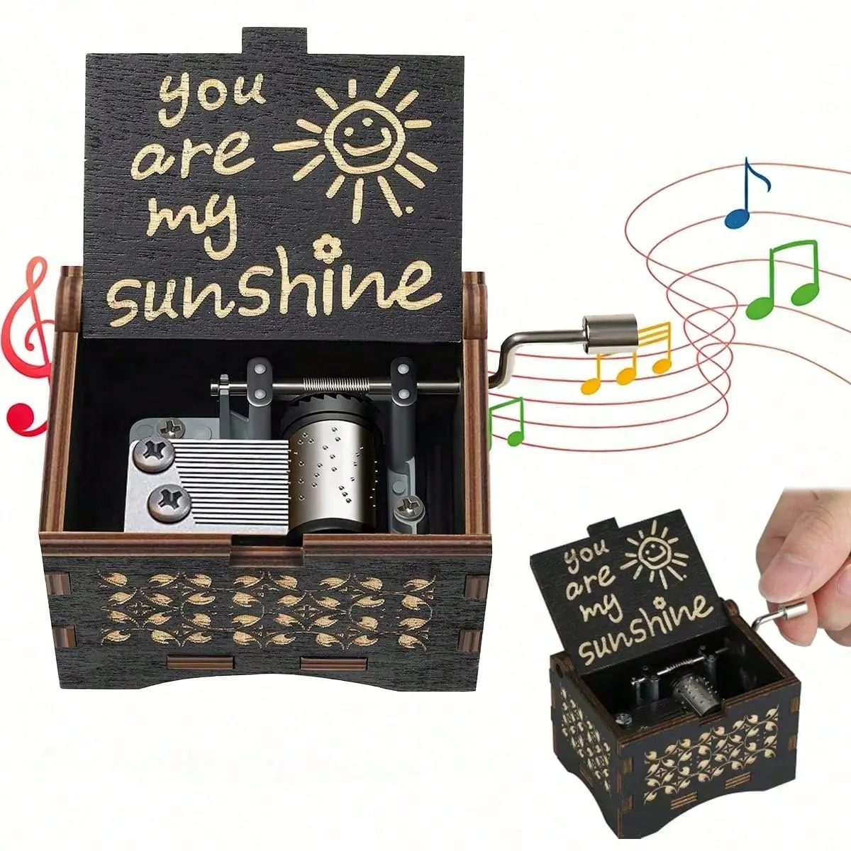 Wooden Music Box, Hand Cranked Laser Engraved Small Musical Boxes for Kids, Play You are My Sunshine Melody ,Father's Day Gift Decor girlfriend husband wife