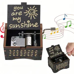 Wooden Music Box, Hand Cranked Laser Engraved Small Musical Boxes for Kids, Play You are My Sunshine Melody ,Father's Day Gift Decor girlfriend husband wife