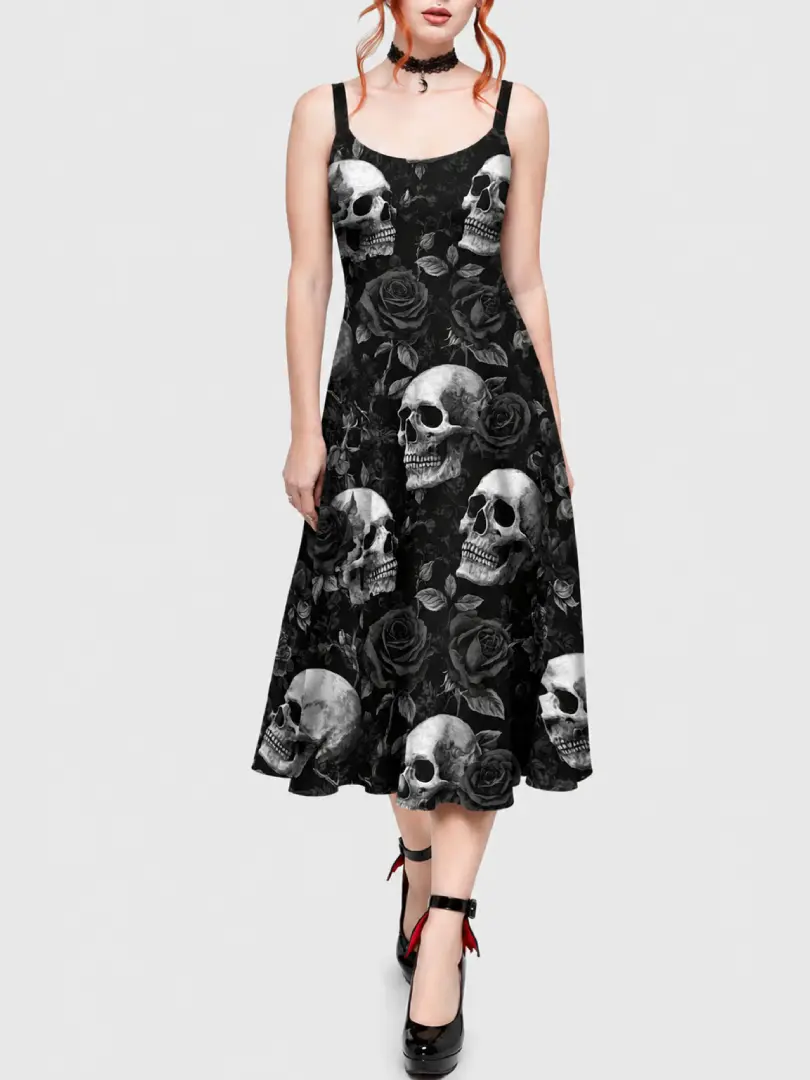 Rgothic Women's Plus Size Casual A-Line Midi Dress - Sleeveless Straps, Skull Rose Floral & Chandelier Crow Wreath Print, Soft Fabric, Plus Size Clothes, Witchy Clothes, Grunge Style, Casual Fashion Dress for Spring Autumn Black Womenswear, Goth Clothes b