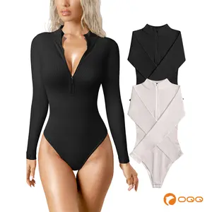 OQQ Women's 2 Piece Bodysuits Sexy Ribbed One Piece Zip Front Long Sleeve Tops Bodysuits OQQ Women's 2 Piece Bodysuits Sexy Ribbed One Piece Zip Front Long Sleeve Tops Bodysuits