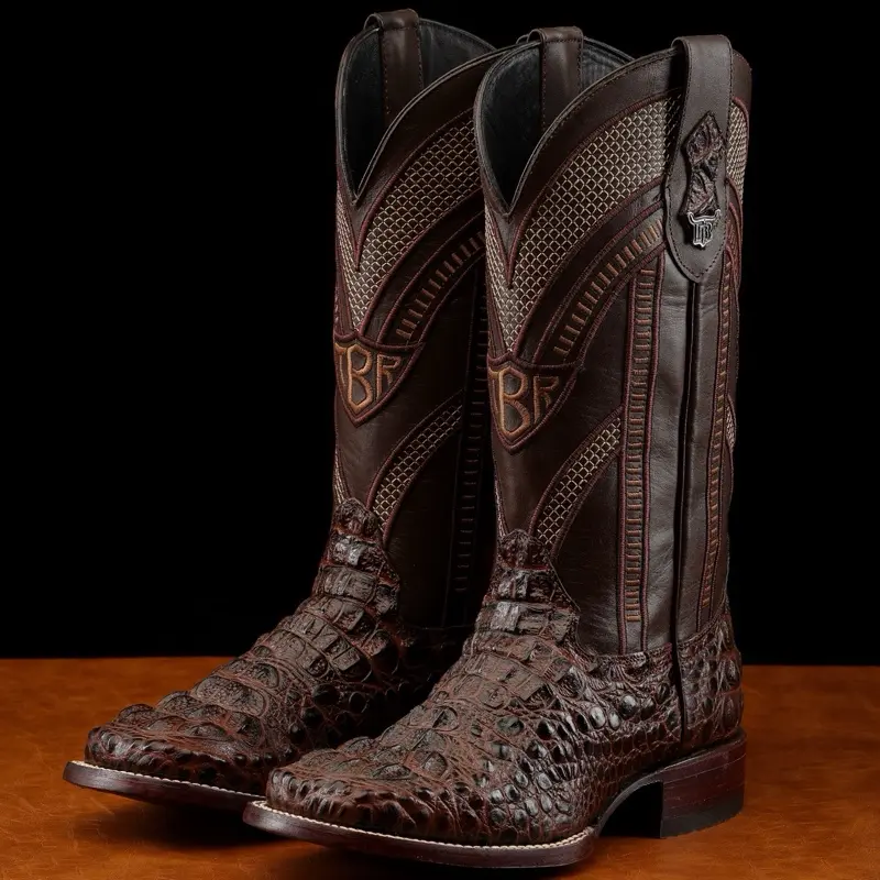 Brown Caiman Print Leather Boots - Square Toe