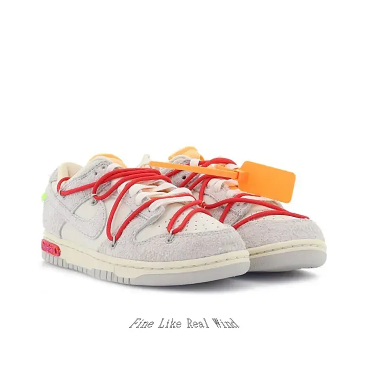 Off-White Suede Low-Top Sneakers with Red Deconstructed Laces, Retro Skate Shoes with Neon Accents, Streetwear Casual Footwear for Urban Vibe