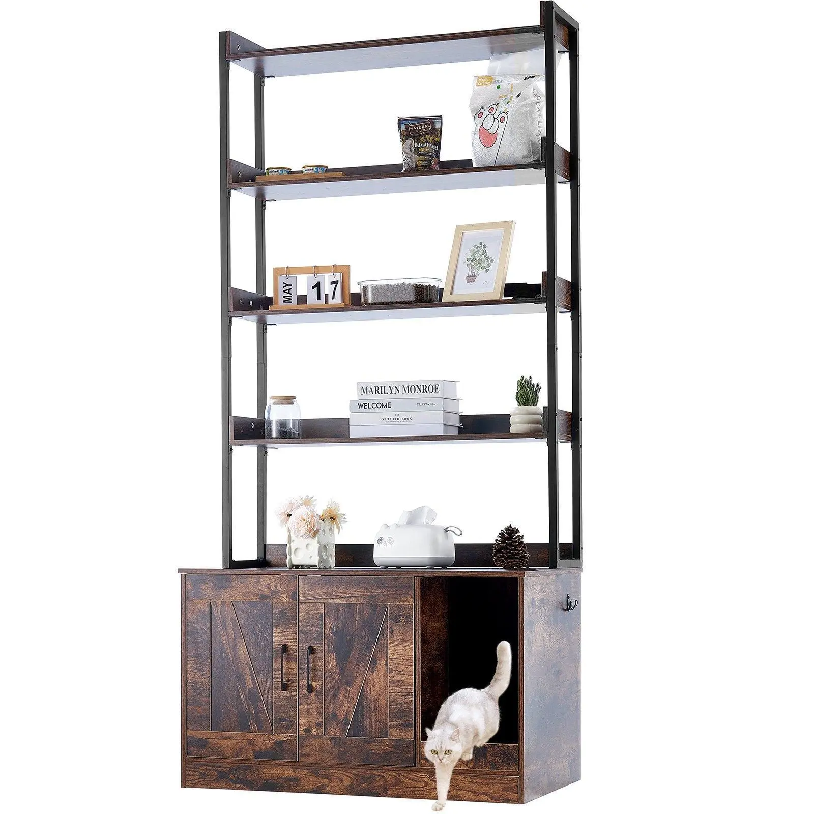 【SummerFinds】VEVOR MDF Board Hidden Litter Box Enclosure, Storage Space Cabinet with 4 Shelves, Handy Shovel Hook, Magnetic Door, Odor Control, Space-Maximizing, 33.5"l x 19.3"w x 72.3"h for Bedroom, Living Room, Ample Storage Space