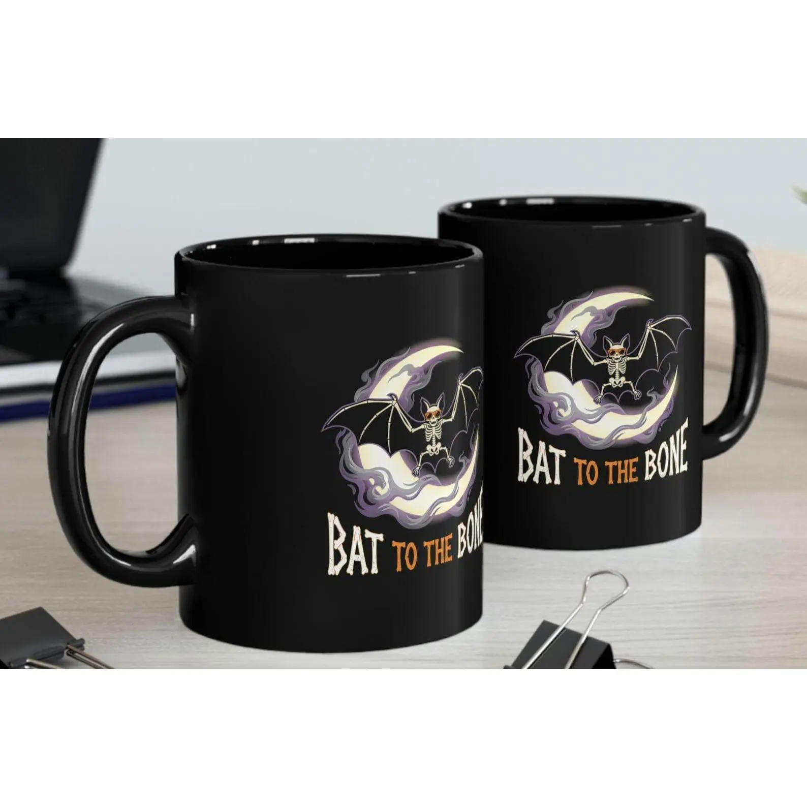 Skeleton Bat Mug, Spooky Halloween Ceramic Cup, Goth Drinkware