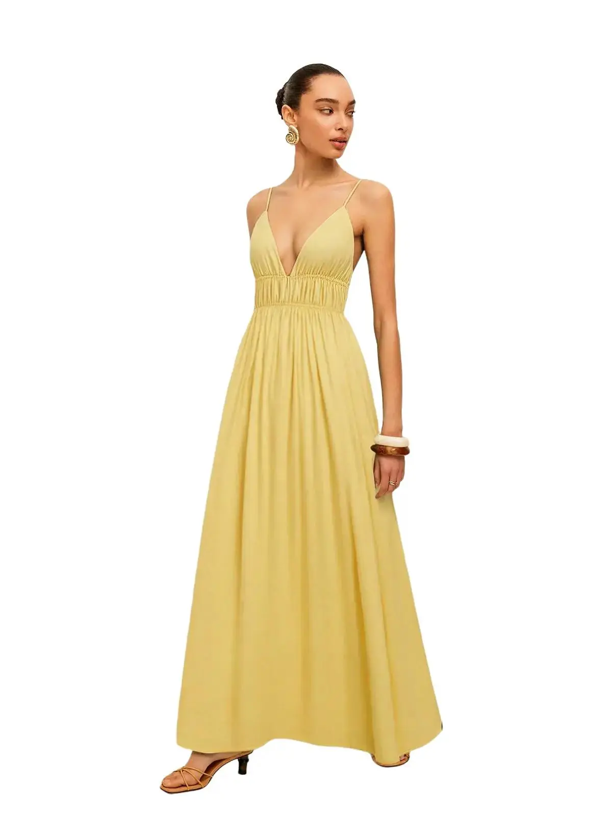 Yousify Womens Deep V Neck Maxi Dresses Sleeveless Ruched Flowy Dress Summer Casual Beach Vacation Outfits Plain Style Basic Minimalist