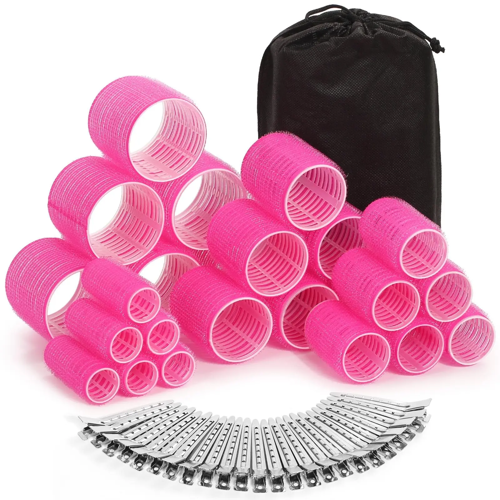 Heatless Curlers Haircare Kit (49 Pieces) - 24 Self-Grip Rollers (4 Sizes), 24 Clips, Storage Bag - Home Hair Kit for Bouncy Curls Volume Styling, Ideal Beauty Products Gift for Girls All Hair Types, Travel, Mother, Damage-Free, 4 Different Sizes, Childre