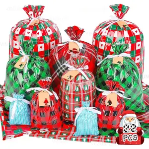 Christmas Bags for Gifts, 22 count Christmas  Bags Assorted Sizes - Small/Medium/Large, Xmas Santa Drawstring Bulk Presents Wrapping Paper Bag,  Plastic Holiday  Bags with Ribbon Ties