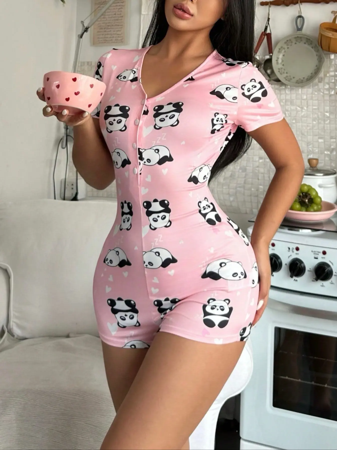 Women's Cute Panda Heart Print All-Season Home Jumpsuit Pj Onesie Sleepwear, Comfortable One-Piece Pajamas for Everyday Wear