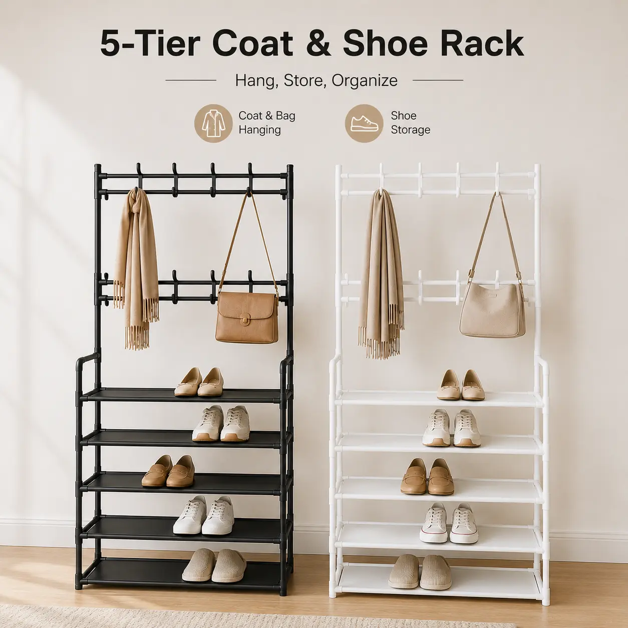 5-Tier Multifunctional Shoe Rack Organizer, Freestanding Entryway Storage with Double Row Hooks, Fabric Shelves for Coats & Bags, Black/White