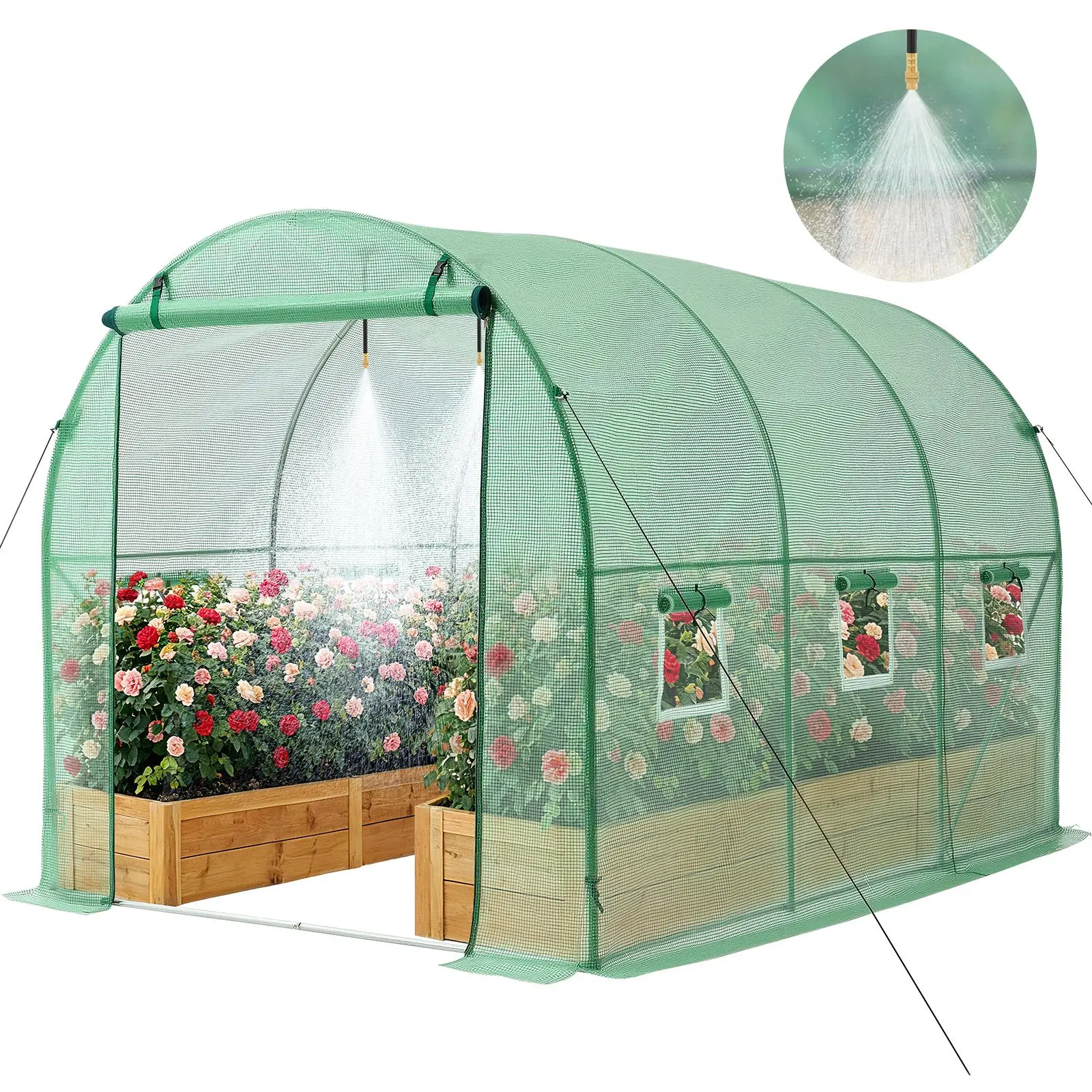 【SummerFinds】VEVOR Walk-in Tunnel Greenhouse, 10 x 7 x 7 ft Hoop House Greenhouse Tunnel, Plant Hot House with 4 Nozzles, 26.25 ft Hose, Steel Frame, PE Cover, Roll-up Zipper Door and 6 Windows for Outdoors, Green