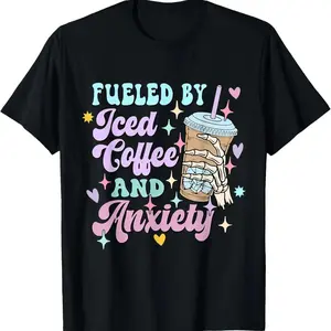 100% Cotton Fueled by Iced Coffee and Anxiety Funny Coffee Lover Shirt T-Shirt, for Adults, daily wear, casual streetwear, vintage style, breathable comfort