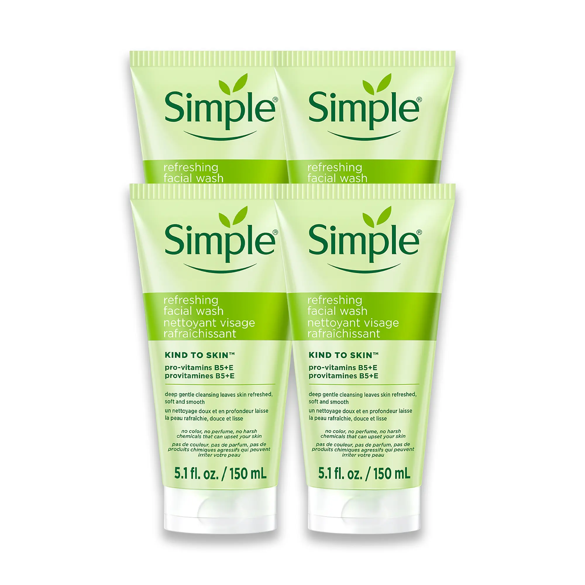 Simple Kind To Skin Refreshing Face Wash - Facial Cleanser with Vitamin B5 and E - Strengthens and Smooths Skin - Vegan, No Harsh Chemicals - 4 pc Holiday Wellness Skincare Set