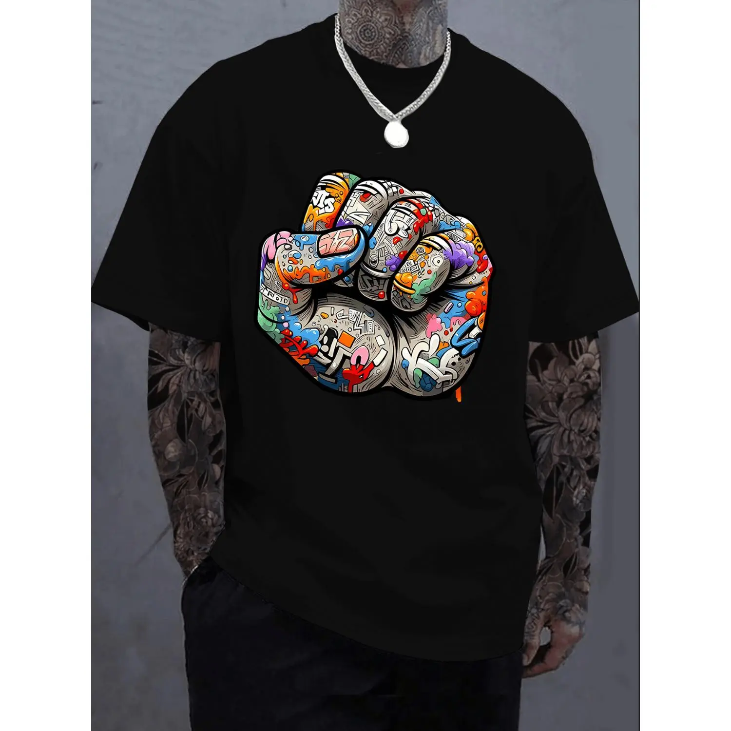 Casual Black T Shirt with Graffiti Fist Graphic Stylish Crew Neck and Vibrant Urban Art Available in Plus Sizes