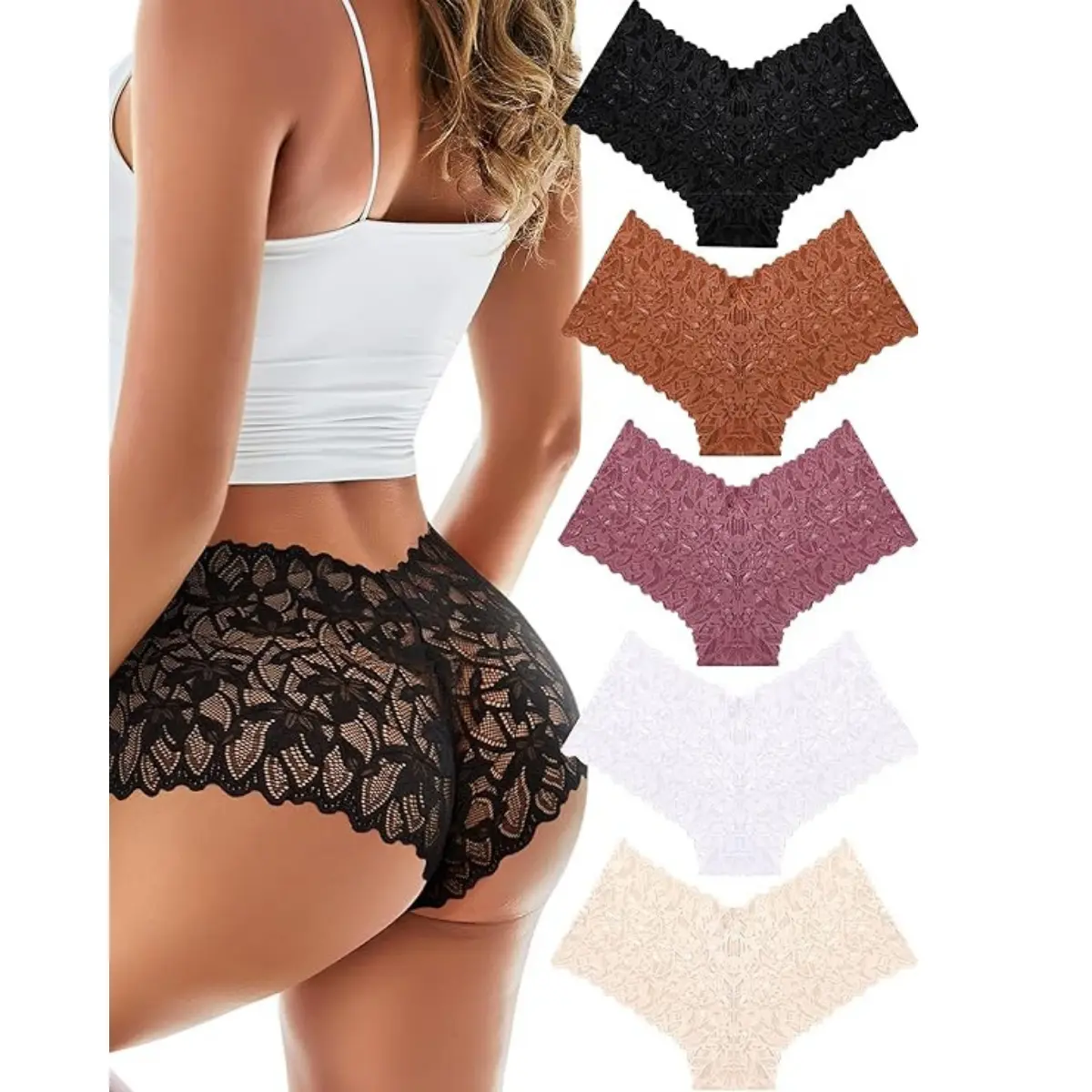 Women's 5-Pack Lace Cheeky Boyshorts, V-Waist Breathable Fabric Underwear for Womenswear