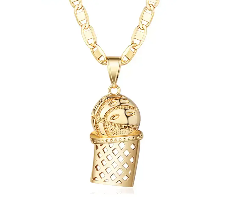 18k Layered Real Gold Filled basket ball pendant charm with 24" chain necklace #4, 24 Inch Chain