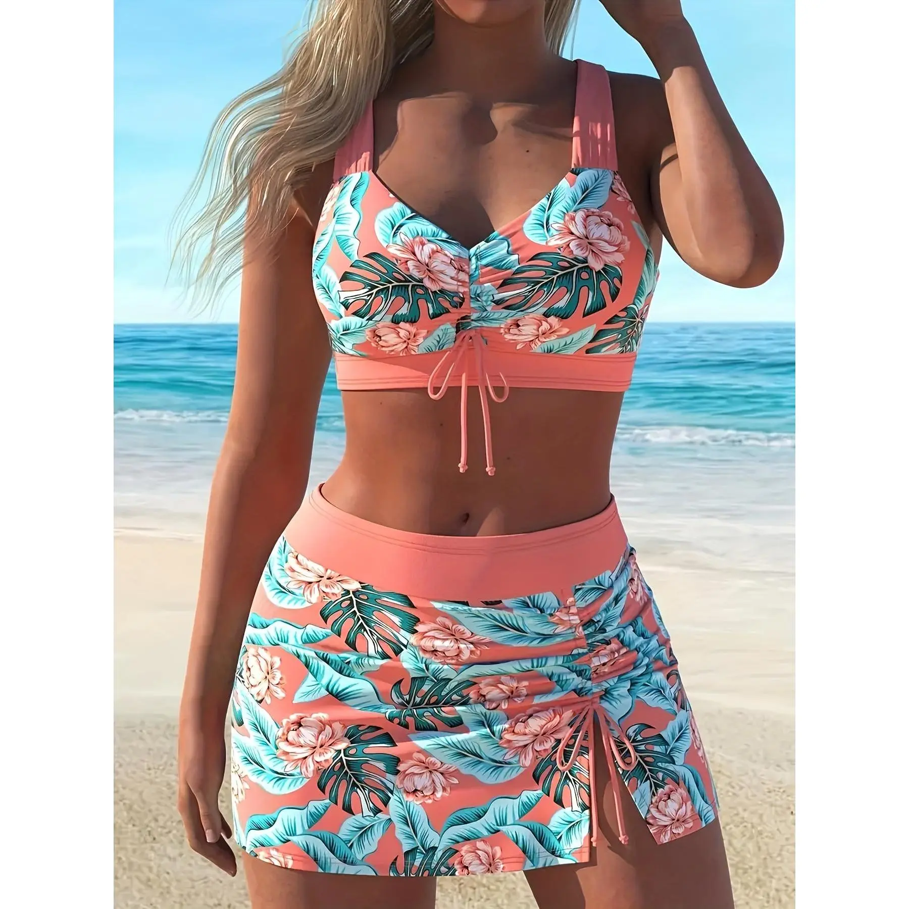 Women's 2-Piece Tankini Swimsuits - New Fashionable Orange Red Leaf Print Beach Outfit with Slit Skirt and Built-in Shorts, Women's Swimsuits