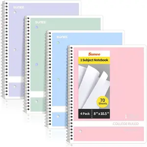 SUNEE Spiral Notebooks College Ruled, 1-Subject, 4 Pack, 8 x 10-1/2 in, 70 Sheets, 3-Hole Punched 70gsm Paper, Pastel Pink, Purple, Blue, Green for School, Home & Office, Writing Journal
