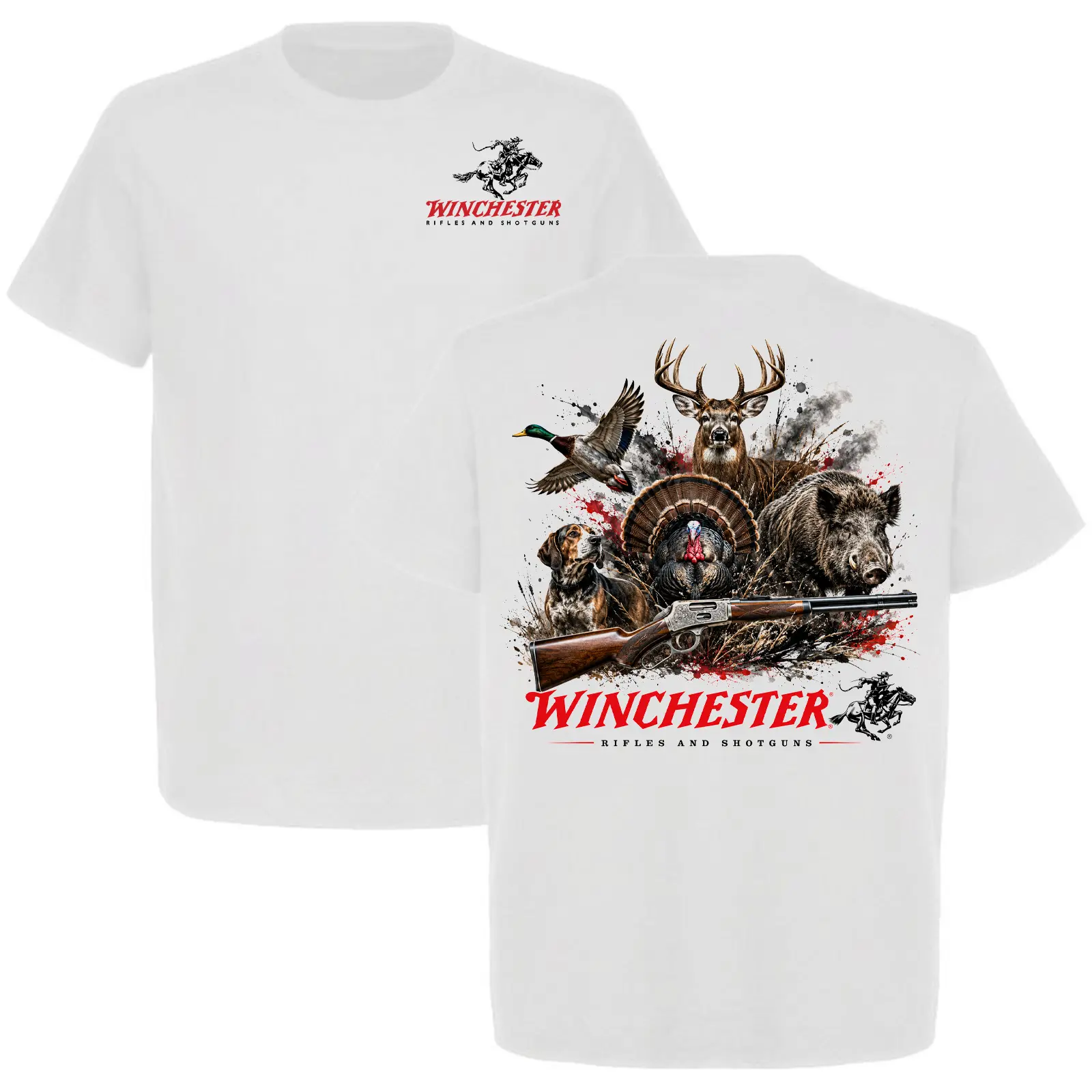 Winchester Men's Short-Sleeve Round Neck Casual T-Shirt - Deer, Turkey, Duck, Wild Boar Hunting Graphic Tee with Dog, Rifle Designs, Outdoorsman Top Gift, Menswear, Shortsleeve