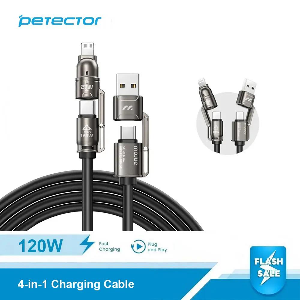 MOJUE 120W 4-in-1 Braided Fast Charging Cable – 5FT USB-C Data Cord with Type-C & Lightning Connectors, USB-A/USB-C Multi Charging Cable, Gray, Compatible with iPhone 17/16/15/14/13/12, iPad, AirPods, Samsung S25 & More