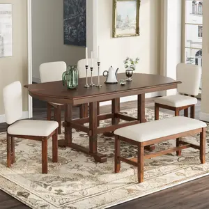 Traditional Farmhouse 6 Pieces 78" Extendable Dining Table Set with Bench,6 Pieces 78inch Extendable Wood Dining Table Set with Bench, Traditional Kitchen Table Set with 18inch Removable Leaf and 4 Upholstered Dining Chairs, Espresso+Beige